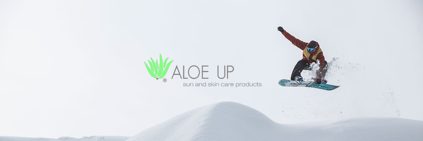 Aloe up logo with snowboarder in background
