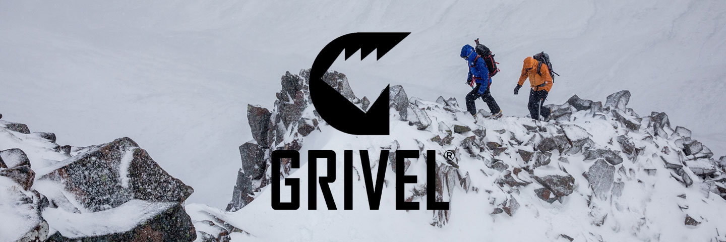 Grivel logo with snow capped mountain background