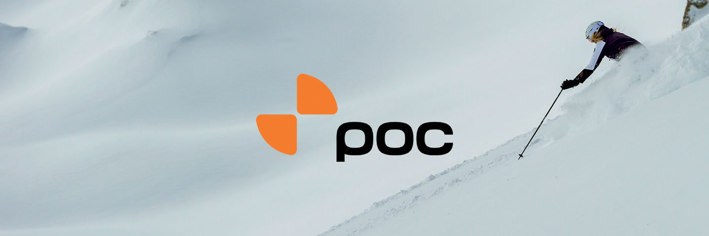 POC logo with skier on snow in background