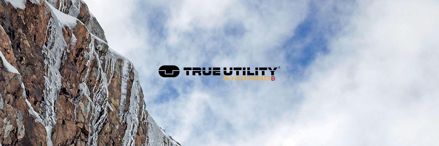 True Utility logo with icy crag and cloudy blue sky in background