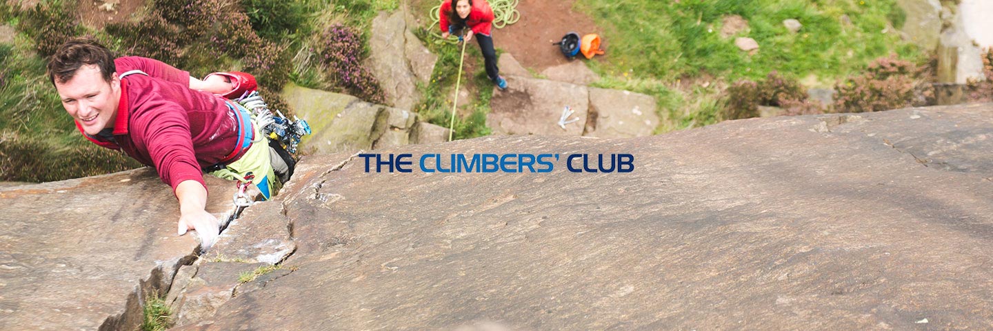 The Climbers Club logo with rock climber in the background