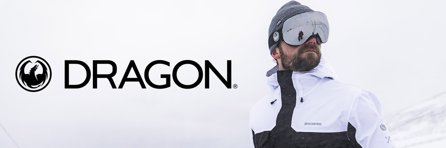 Dragon logo with snowboarder wearing googles to the side