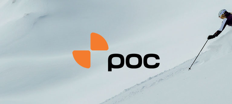 POC logo with skier on snow in background