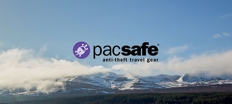 Pacsafe logo with mountain scene