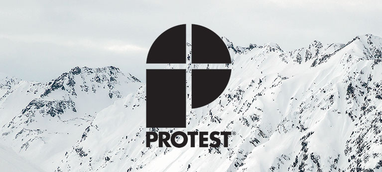 Protest logo with mountains covered in snow behind 
