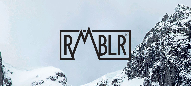 RMBLR logo with icy cliff in the background
