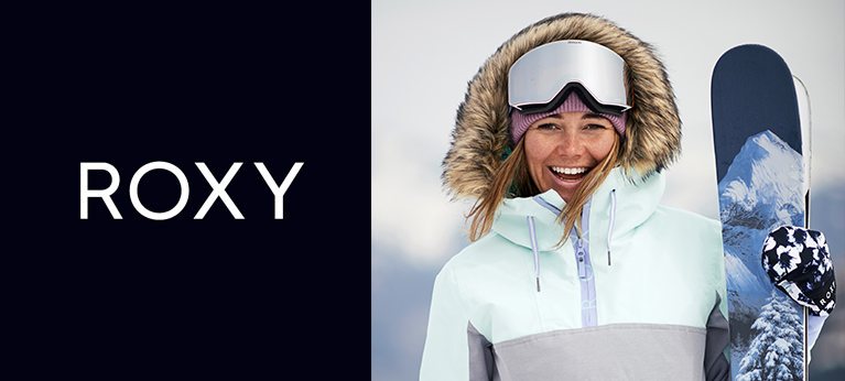 Roxy logo next to a model in Roxy ski clothing