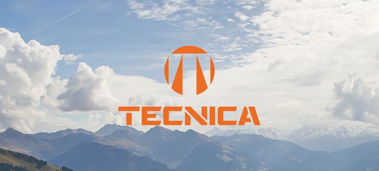 Tecnica logo with cloudy mountain scene in background