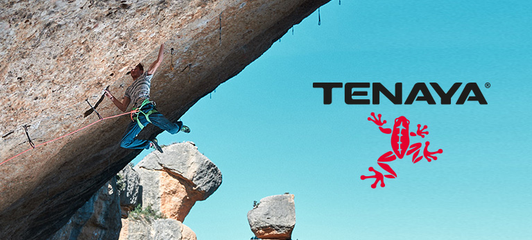 man climbing in background with tenaya logo in foreground