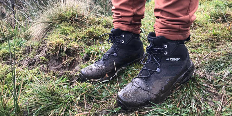 Muddy conditions in the adidas terrex Skychaser LT Mid Hiking Boot