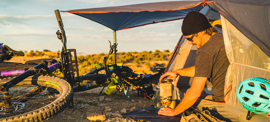 Bikepacking tent at sunrise