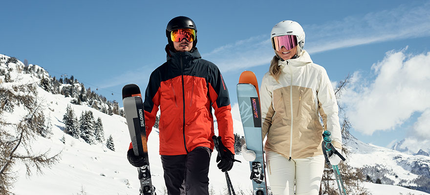 couple wearing salomon ski apparel