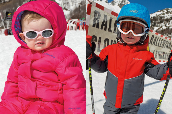 baby wearing sunglasses and toddler wearing ski goggles