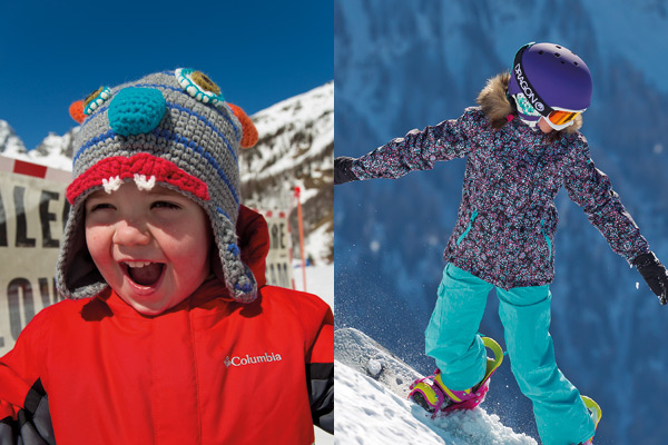 toddler wearing hat and smiling and young person snowboarding